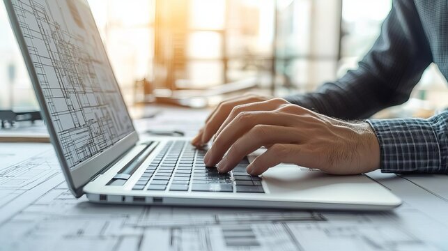 Structural Engineer Engineer's hands working on a laptop with CAD drawings visible, Structural Engineer, digital design and drafting