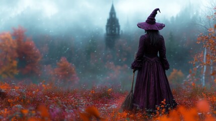Fototapeta premium Enchanting Witch in Autumn Setting with Pumpkins and Magical Atmosphere