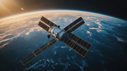 Fototapeta premium Futuristic Space Station with Hydrogen Tanks and Solar Panels in Orbit