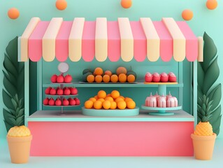 A colorful fruit stall display featuring various fruits, desserts, and refreshing designs in a bright, playful setting.