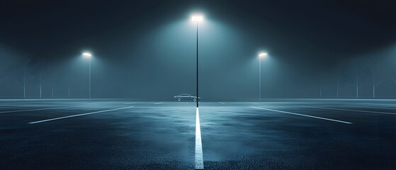 A serene night scene featuring an empty parking lot illuminated by streetlights, creating an atmospheric and moody ambiance.
