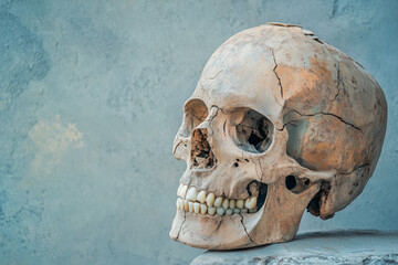 Obraz premium Close-up of an aged, cracked human skull resting against a textured blue-gray background