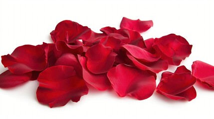 Close-up of red rose petals isolated on white background. Many delicate, beautiful, romantic flowers. Perfect for Valentine Day, anniversary, wedding, love, romance.