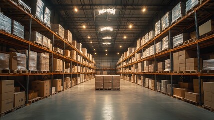 Fototapeta premium A large warehouse with many boxes on the shelves