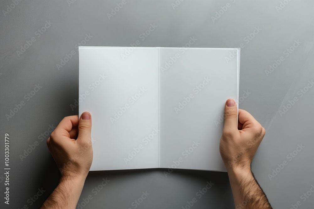 Poster man holds a blank booklet on a grey background. close-up of a person holding a corporate brochure. e