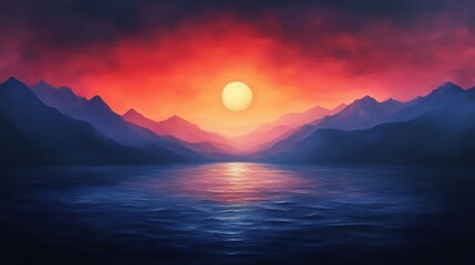Vibrant Sunset Over Mountains And Lake In Oil Painting