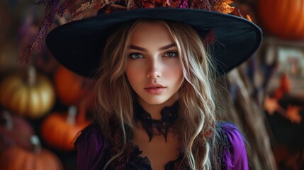 Fototapeta premium Enchanting Witch in Autumn Setting with Pumpkins and Magical Atmosphere