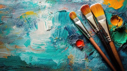 Obraz premium Colorful abstract painting with three paintbrushes on canvas