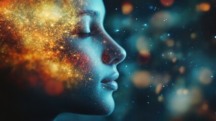 Obraz premium Profile of woman with cosmic elements superimposed on her face, suggesting thoughts or dreams in space