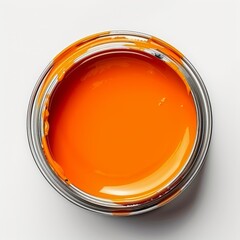 An open tin can reveals a rich, vibrant orange paint, resting on a pristine white background. The paint s glossy surface reflects light, showcasing its brightness and smooth texture.
