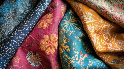 Colorful, intricately patterned fabrics with floral and geometric designs