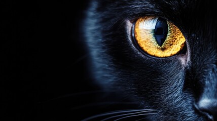 Close-up of black cat's eye with striking amber color