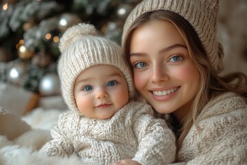 Obraz premium Beautiful young mother and her adorable little daughter in knitted hats are sitting on the floor near the Christmas tree.