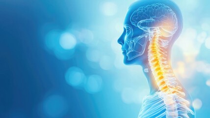 Digital illustration of human brain, spine with blue background