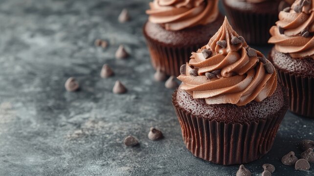 Chocolate cupcakes with creamy frosting and chocolate chips on dark marble surface
