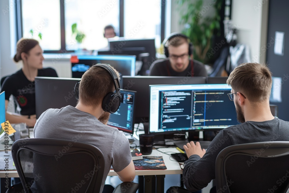 Leinwandbilder caucasian male and female programmers work together in office. they are collaborating on a software 
