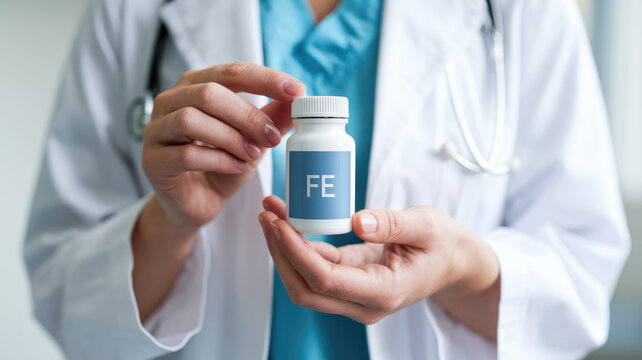 A doctor is holding a bottle of FFE. The bottle is blue and white. The doctor is wearing a white lab coat