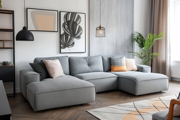 Comfortable living room interior with stylish sofa, modern furniture, home decor. Grey, pink colours, soft carpet, cozy atmosphere. Contemporary design, elegant, houseplant, mirror add to space.