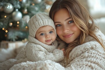 Beautiful young mother and her adorable little daughter in knitted hats are sitting on the floor near the Christmas tree.