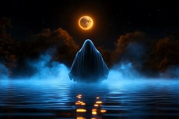 A ghostly figure drifting over a dark lake on Halloween night, with fog rising from the water and the moon casting an eerie glow on the scene