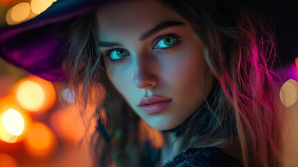 Enchanting Witch in Autumn Setting with Pumpkins and Magical Atmosphere