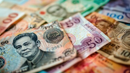 Obraz premium Close-up of Chinese Yuan Banknotes with Mao Zedong Portrait