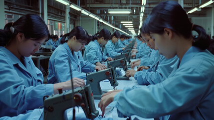 Asian women work in garment factory. Girls sew clothes using outdated equipment. Garment factory with female employees making wardrobe items