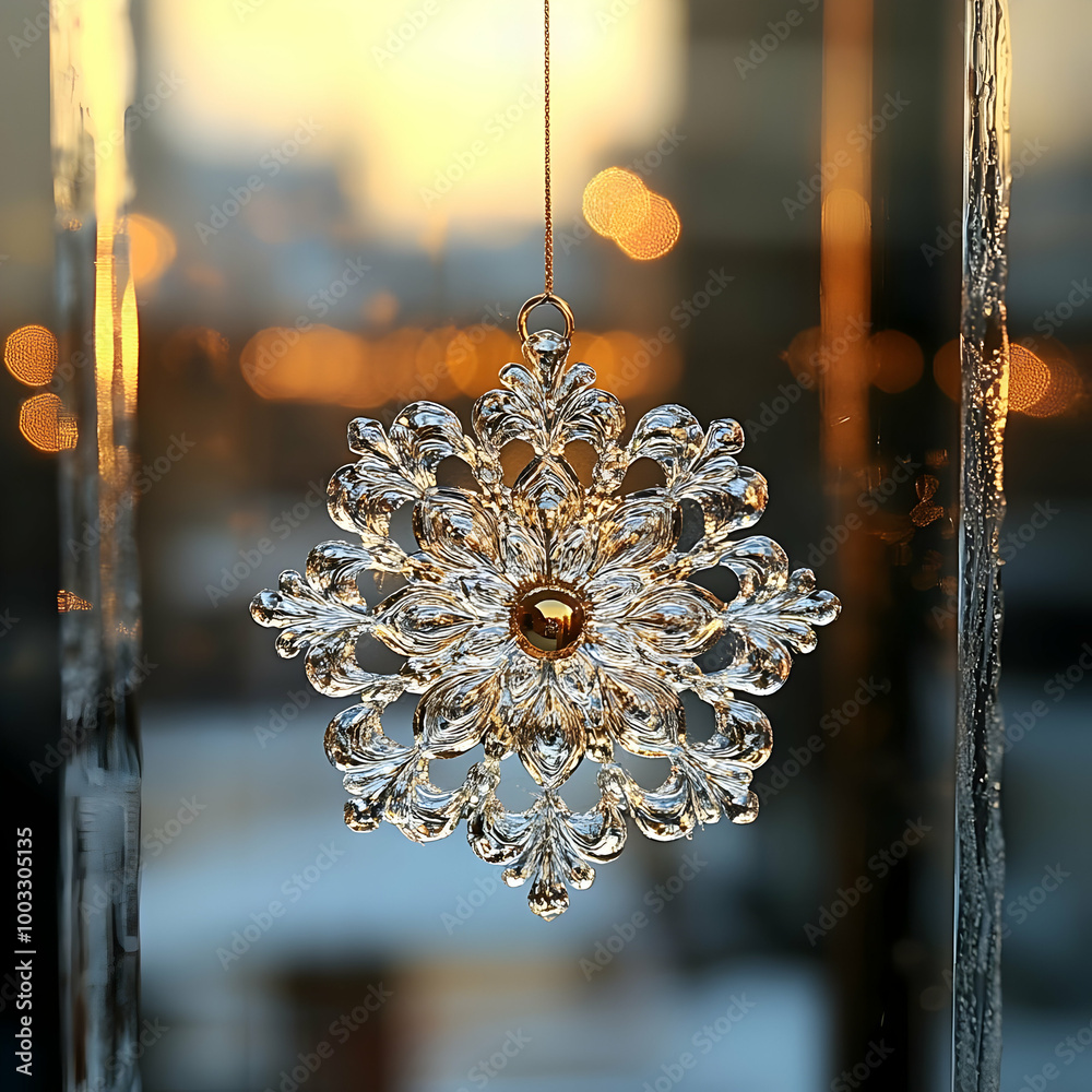 Wall mural crystal snowflake ornament hanging on a window