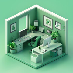 Small office with computers on tables. Office chair stands behind workplace. Interior for business employee in room in section