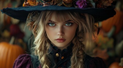 Fototapeta premium Enchanting Witch in Autumn Setting with Pumpkins and Magical Atmosphere