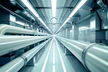 Obraz premium Corridors of industrial building. Gas pipes inside factory basement. Stage industrial enterprise. Interior of chemical manufactory. Enterprise basement with pipeline