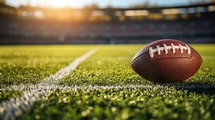 American football on bright green turf under sunlight ready for game