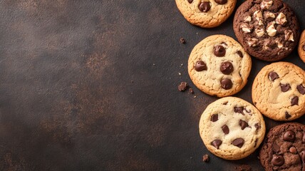 Assorted chocolate chip cookies on dark rustic background