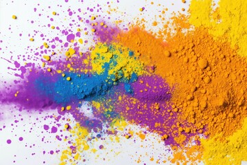 Close-up of vibrant holi powder explosion in shades of yellow, purple, orange, blue on white background. Multicolored powder creates textured, abstract design. Colorful, festive, celebratory scene.