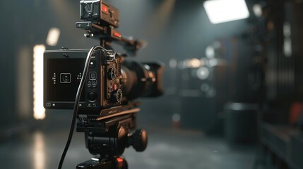 Fototapeta premium Professional Film Camera on a Tripod with Lights in the Background