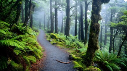 Obraz premium a serene forest scene with a narrow, winding path that leads through tall trees. The forest floor is covered with lush green ferns and moss, creating a vibrant and dense undergrowth