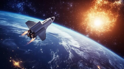 Obraz premium Earth and Space: A Banner Featuring Stars and a Spaceship