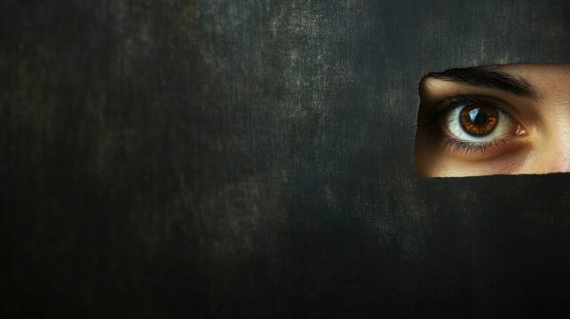 Eye of person peering through narrow opening in dark surface