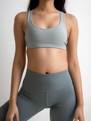 Woman wearing sports bra and leggings on white background. Close-up of athletic apparel. Fit female model with toned figure. Healthy lifestyle, fitness, exercise, wellness.