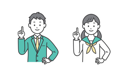 指差しをする男女の学生の上半身イラスト
