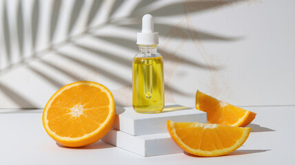 A bottle of oil is on top of a stack of oranges. The bottle is white and has a white cap
