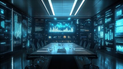 A digital content marketing meeting, with holographic projections of graphs and social media data in a sleek, tech-filled workspace  Futuristic  Hologram  Minimalist