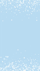 Snowy christmas background. Subtle flying snow flakes and stars on light blue winter backdrop. Delicate sweet snowy christmas. Vertical vector illustration.