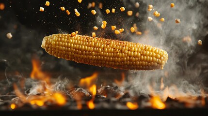 A grilled corn on the cob flying over burning charcoal with smoke and corn kernels in the air.
