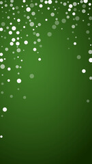 Beautiful snowfall christmas background. Subtle flying snow flakes and stars on christmas green background. Beautiful snowfall overlay template. Vertical vector illustration.
