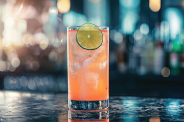 A photo of a Paloma cocktail with a slice of lime in a tall narrow glass placed on a modern stone bar table in a high class city lounge. 