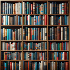 Organized Bookshelf with Colorful Hardcovers in a Library Setting