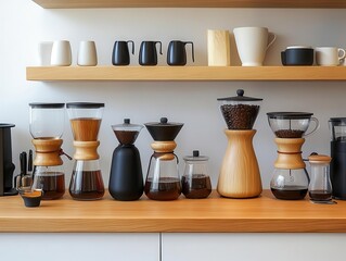 A minimalist coffee brewing station with multiple brewing methods like French press