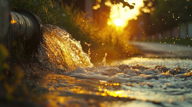 Water flowing from a drainage pipe after intense rainfall