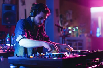 Naklejka premium Male DJ spins tracks in a dark nightclub with blue and pink lights. Caucasian man wears earphones, controls console with hands. Club atmosphere, energetic crowd, people dance and have fun.